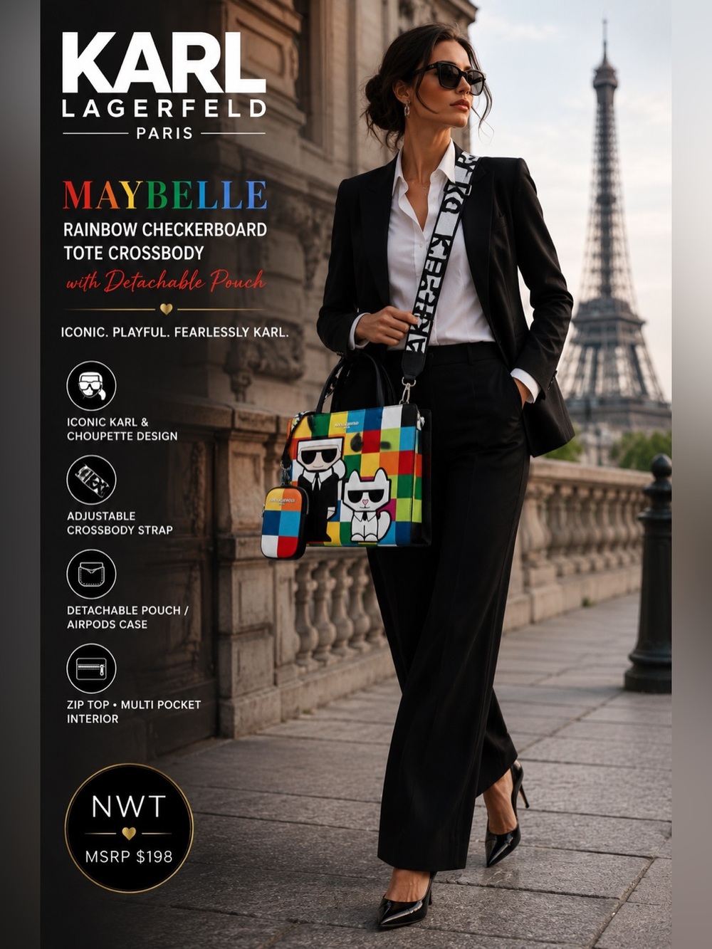 Karl Lagerfeld Paris Maybelle Rainbow Tote Crossbody Bag NWT With Pouch - Picture 4 of 15